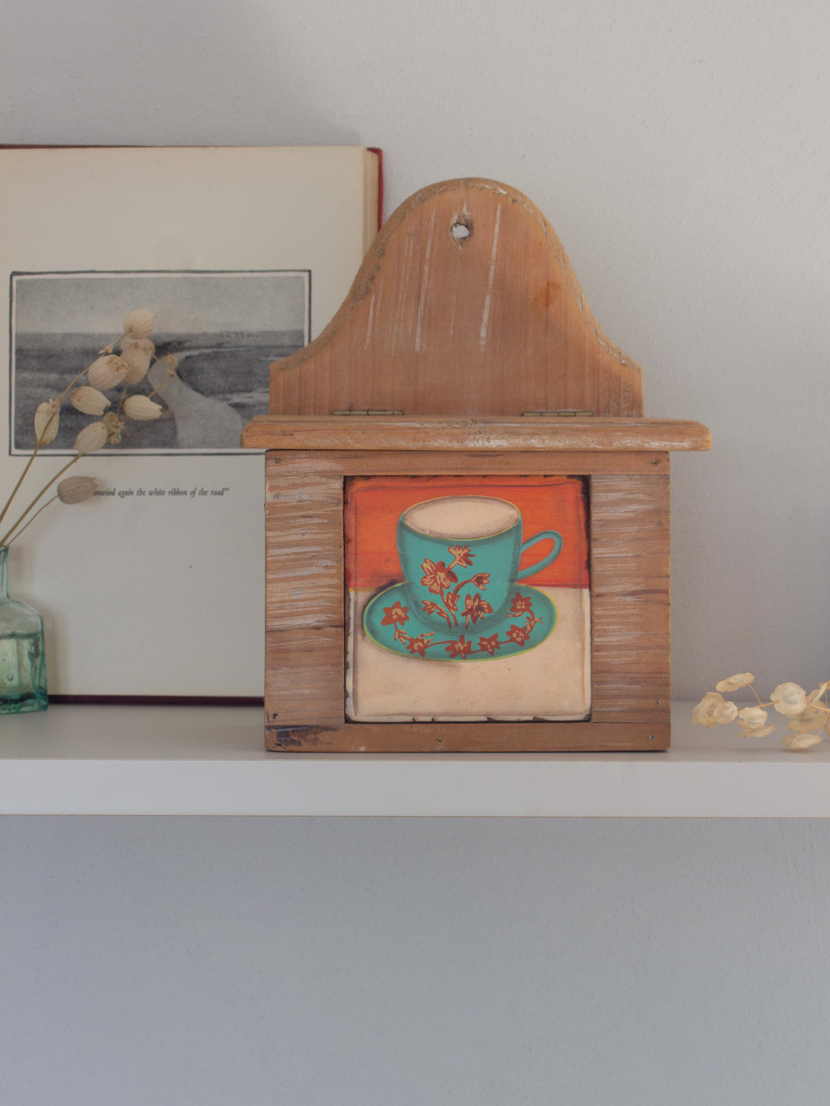 Vintage Handmade Wall-Mounted Wooden Salt Box, Enamel Coffee Cup Design