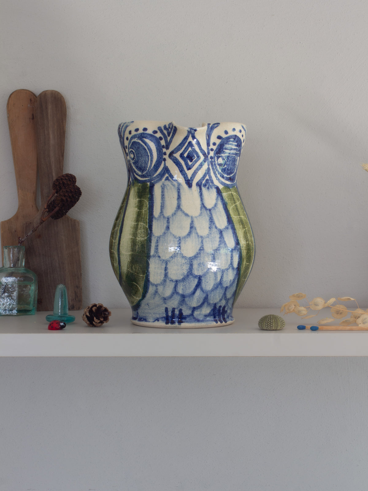 Very Rare Welsh Studio Pottery Owl Jug by Steve Barkworth, Pen y Bonc Pottery, Amlwch, Anglesey