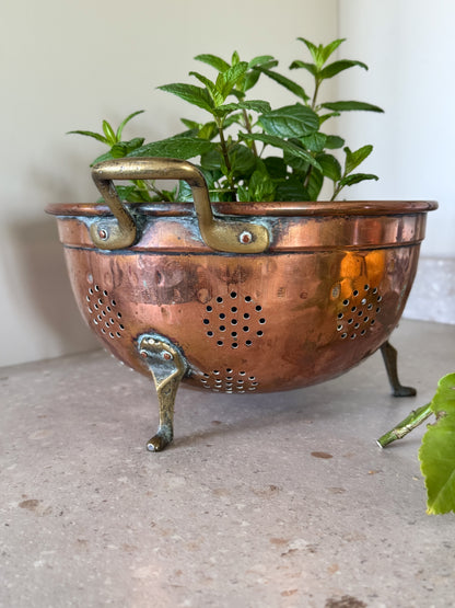 Antique French Copper Colander with Brass Feet