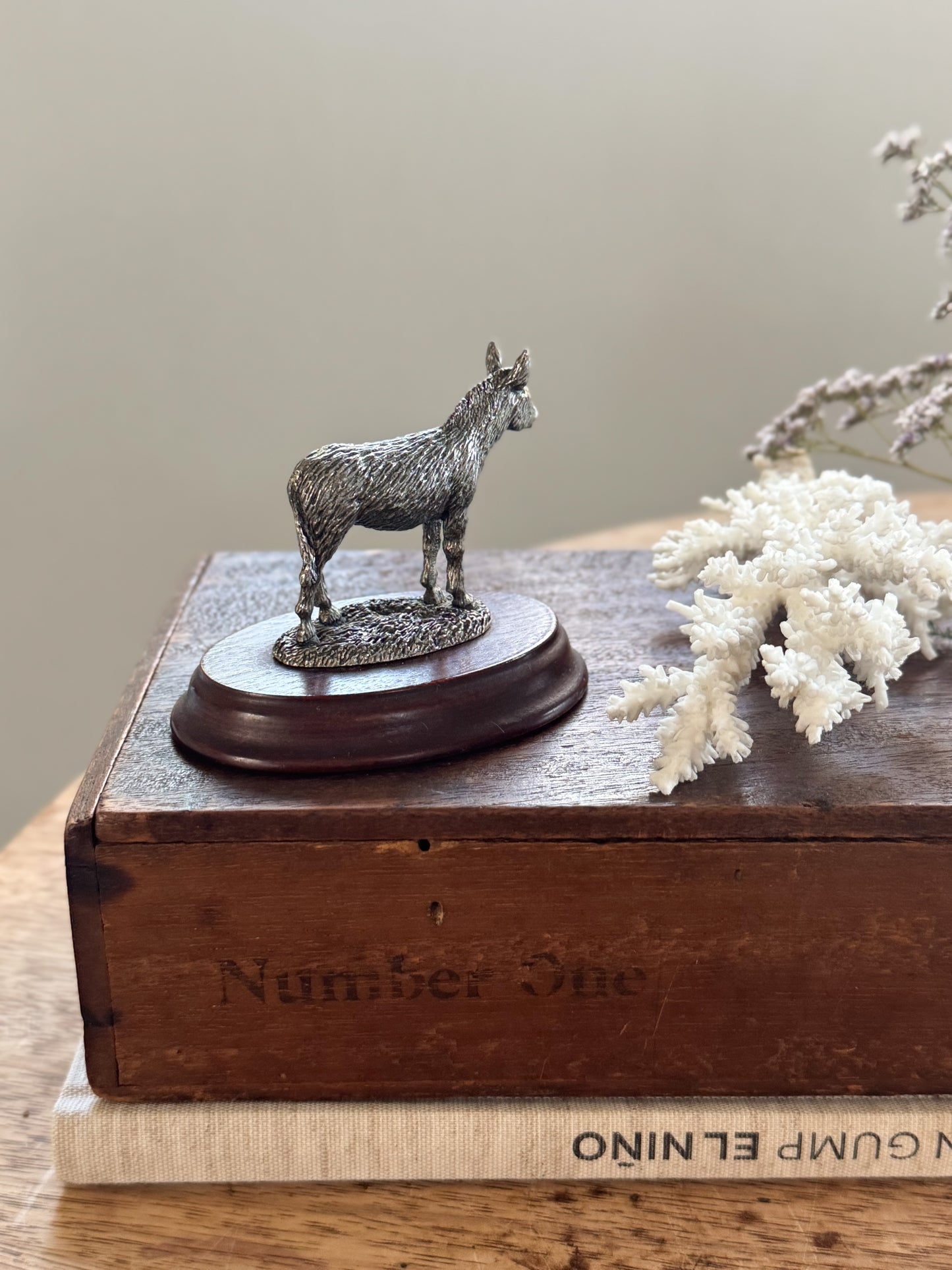 Vintage Pewter Donkey Miniature on Wooden Base