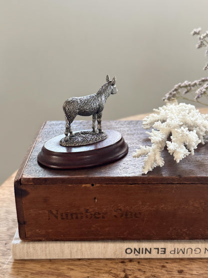 Vintage Pewter Donkey Miniature on Wooden Base