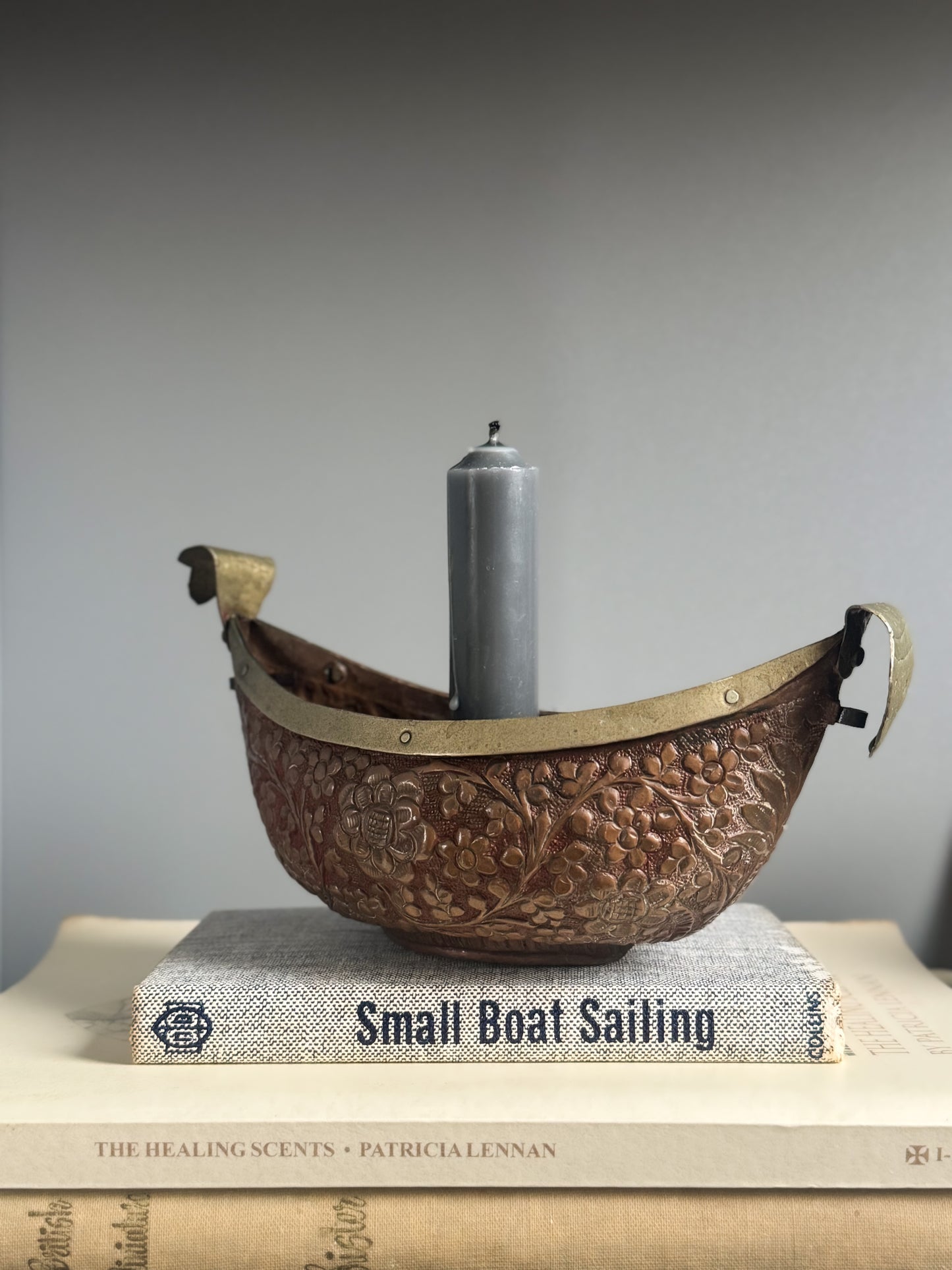 Antique Copper & Brass Boat Shaped Candle Holder with Floral Etchings