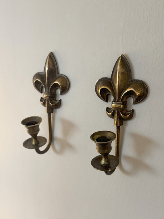 Pair of Vintage Brushed Brass Fleur-de-lis Sconces