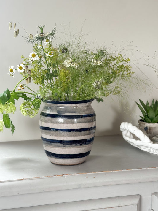 Large Studio Pottery Blue & Grey Striped Pot • Vase