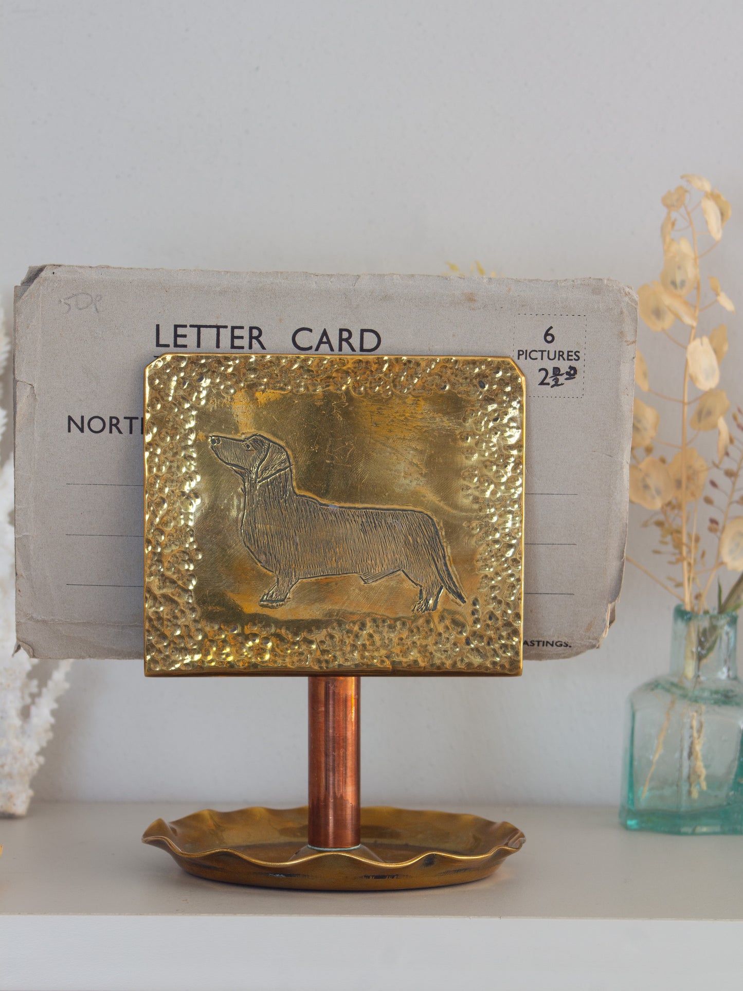 Vintage Handmade Folk Art Brass Dog Fireside Matchbox Holder | Letter Rack, Dachshund & Spaniel