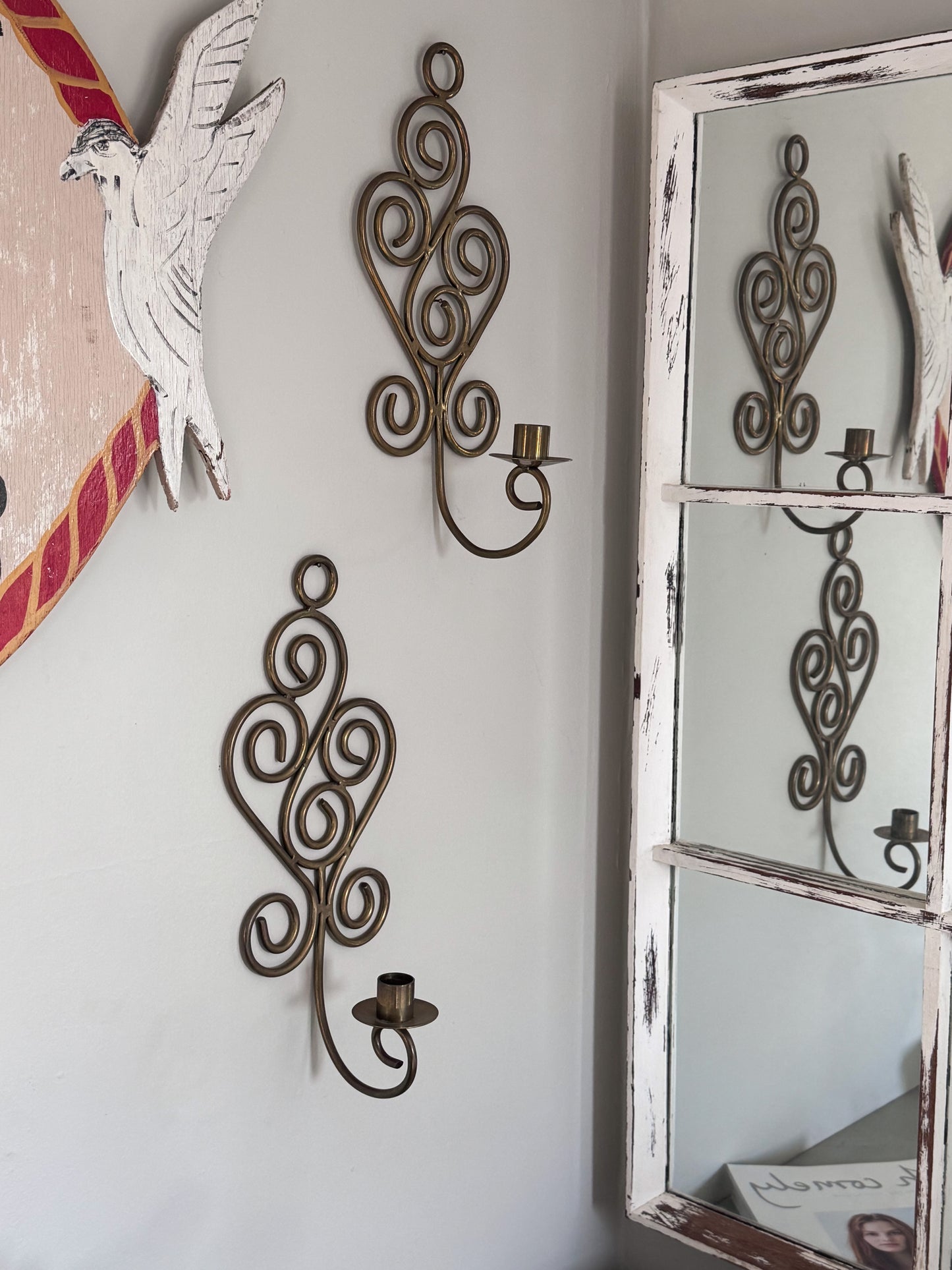 Vintage Solid Brass Swirl Wall Sconces - Pair of Ornate Scroll Candle Holders