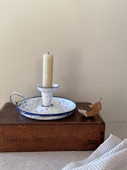 Vintage French Enamel Chamberstick - Blue Marbled with Navy Rim