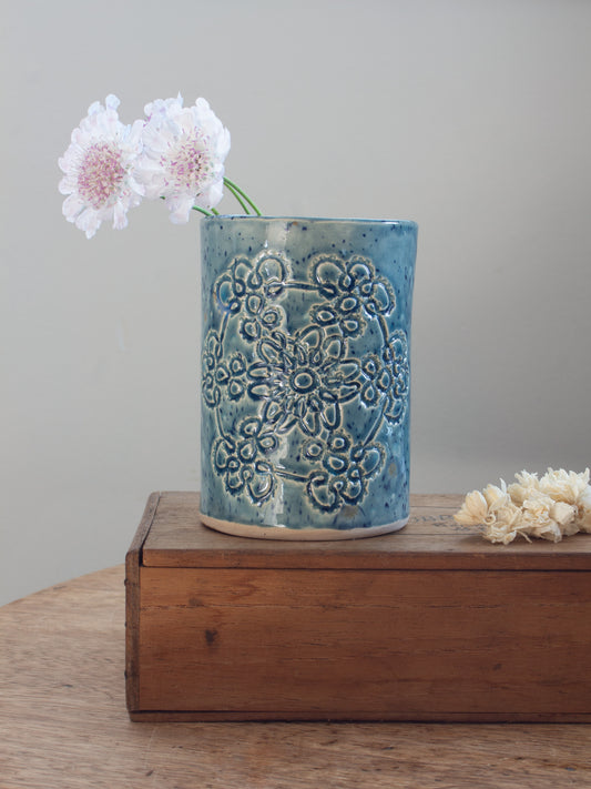 Vintage Blue Speckled Floral Studio Pottery Vessel