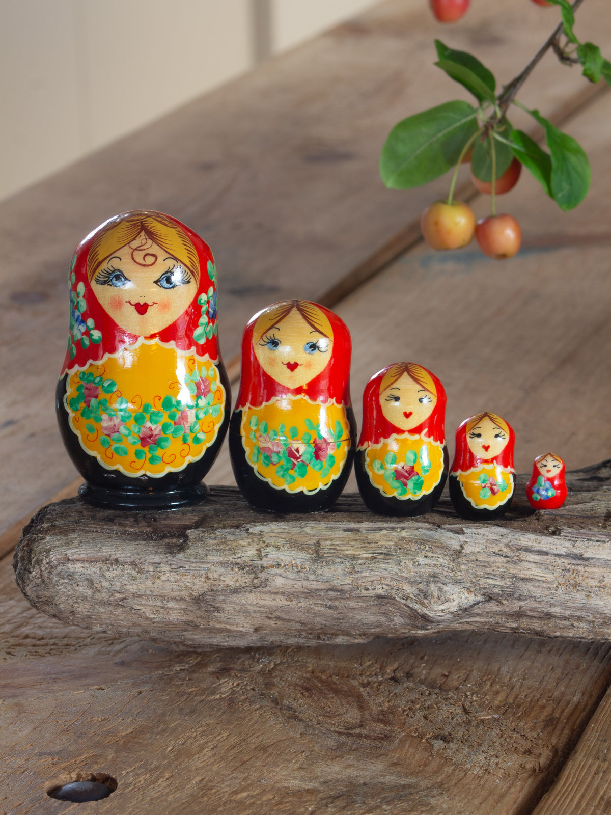 Vintage Hand-Painted Russian Matryoshka Nesting Dolls | Set of Five