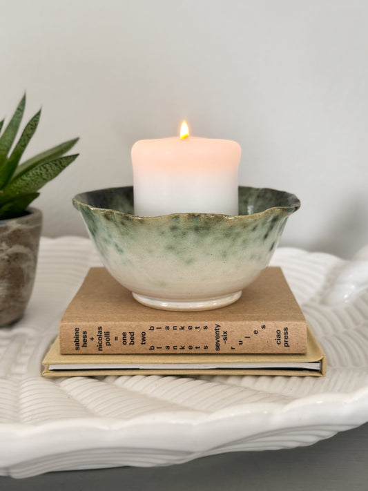 Vintage Studio Pottery Bowl with Scalloped Edge and Painterly Green Glaze