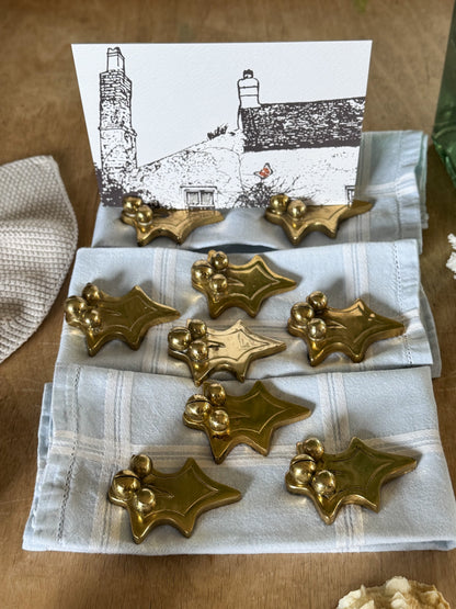 Vintage Solid Brass Holly Leaf Place Card Holders (Set of 9)