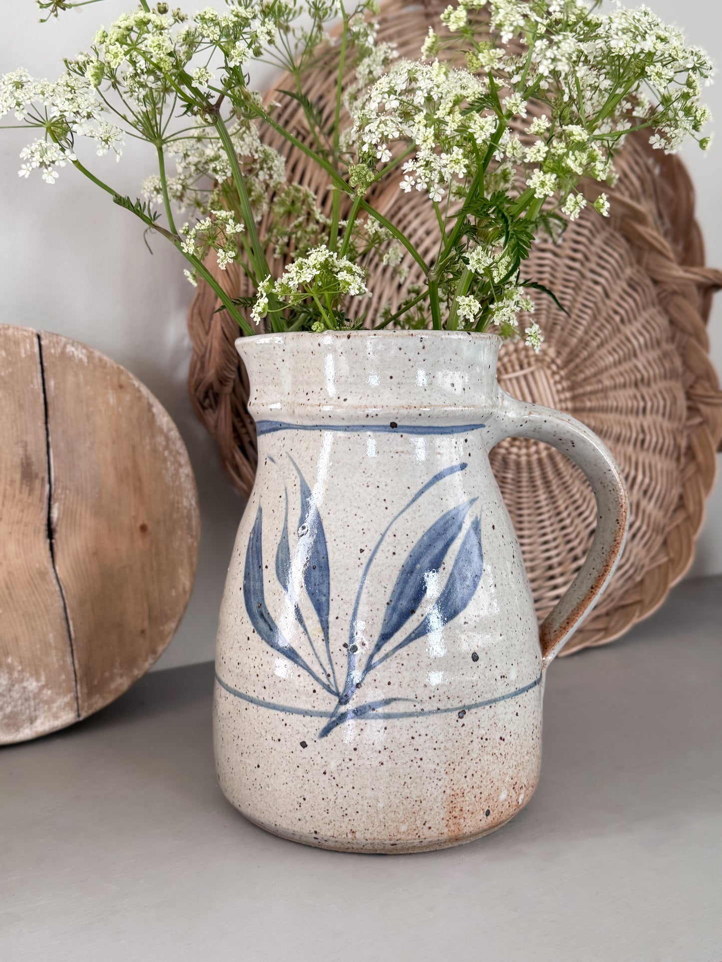 Vintage Large Studio Pottery Jug with Abstract Blue Leaf Design