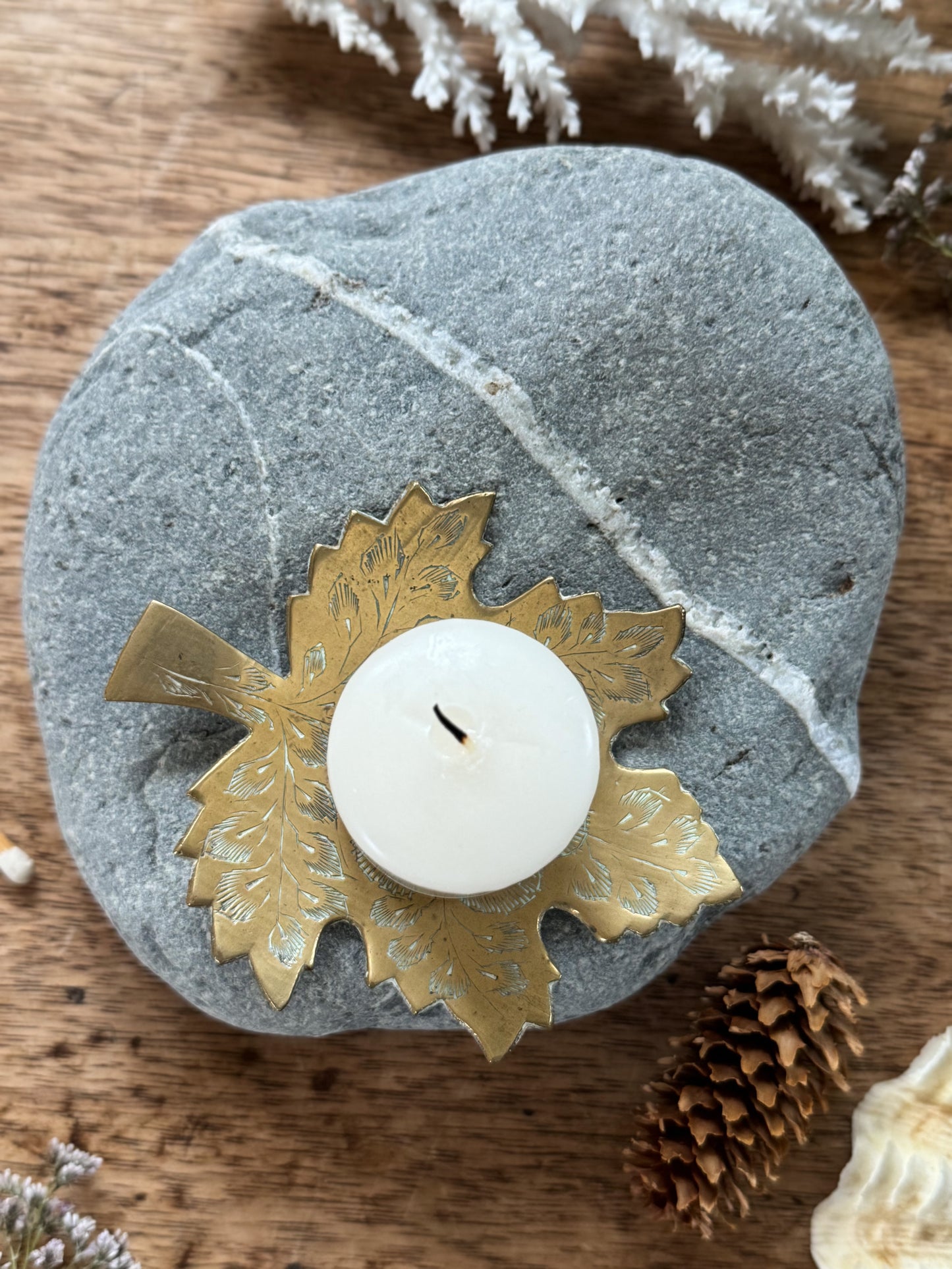 Vintage Solid Brass Leaf Dish with Floral Etching