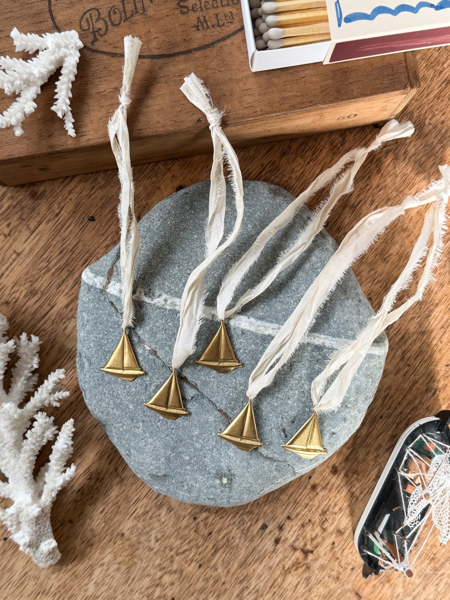 Handmade Miniature Brass Sailing Ship Decorations (Set of 5)