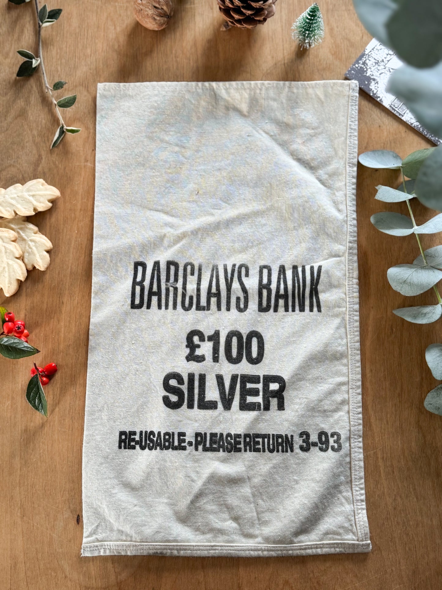 Vintage 1970s Barclays Bank Fabric Money Bag (Cream) | Reusable Gift Bag | Stocking