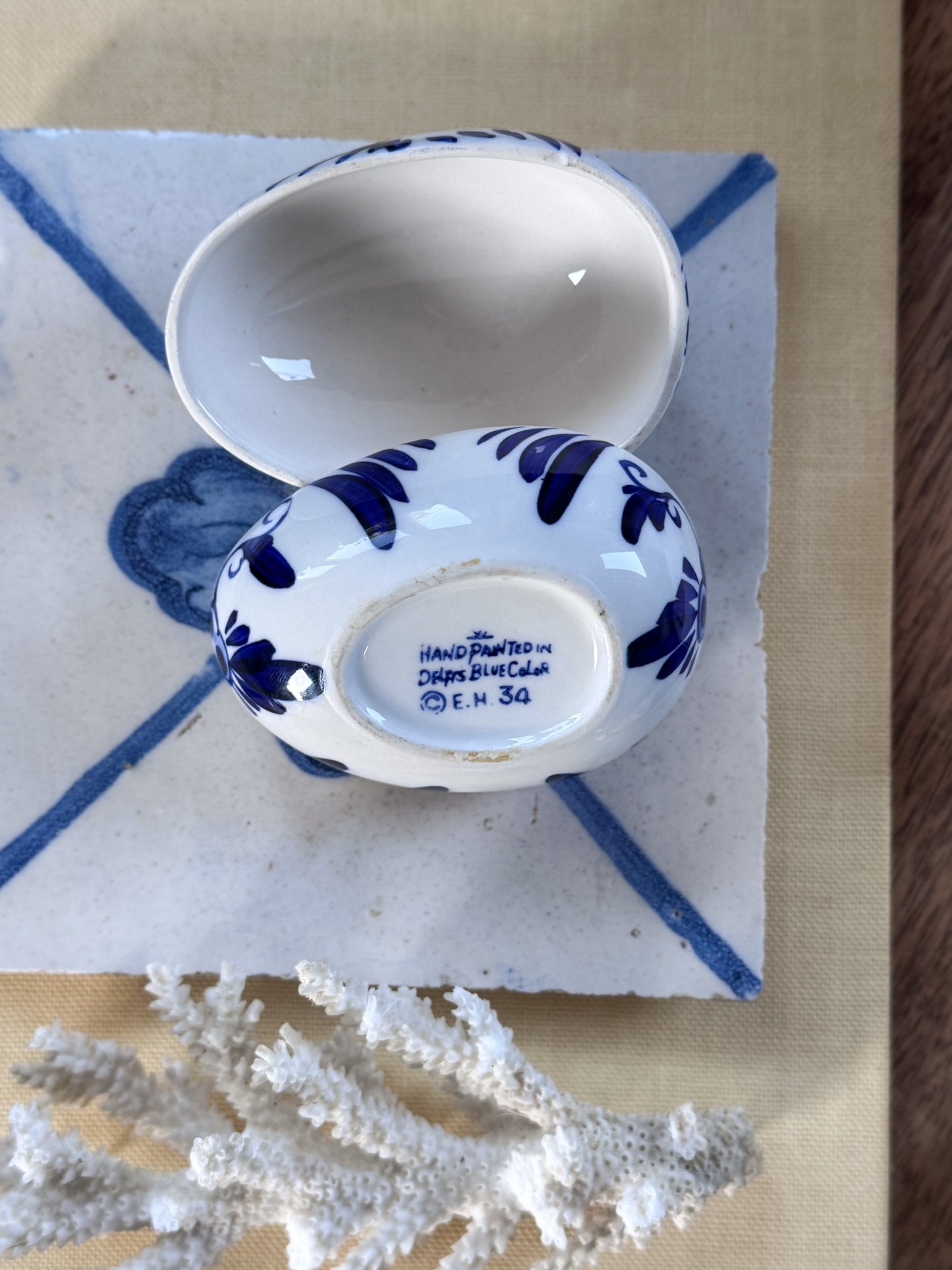 Vintage Delft Blue Hand-Painted Porcelain Egg Trinket Box
