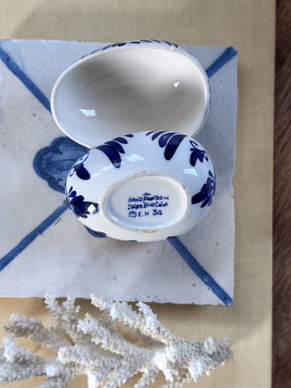 Vintage Delft Blue Hand-Painted Porcelain Egg Trinket Box