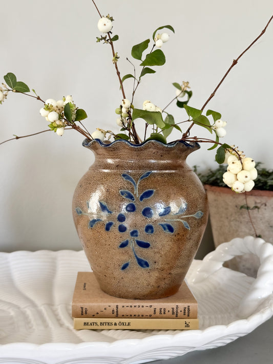 Antique French Glazed Stoneware Vessel with Blue Floral Design and Scalloped Rim