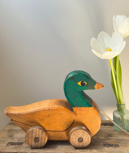 Vintage 1950s Handmade Wooden Pull Along Duck Toy