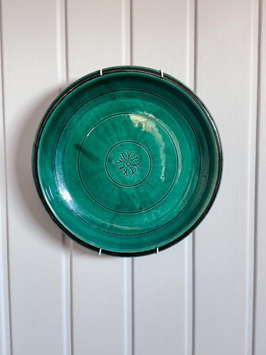 Vintage Studio Pottery Green Slipware Flower Wall Plate