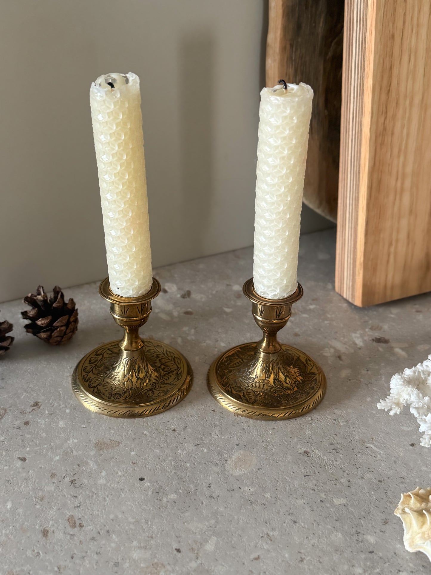 Pair of Vintage Solid Brass Candle Holders with Etched Leaf Design