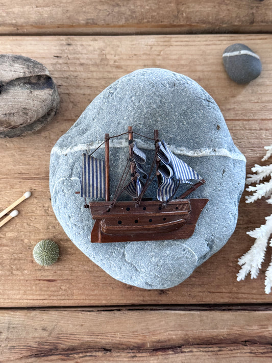 Vintage Handmade Wooden Sailing Ship Fridge Magnet
