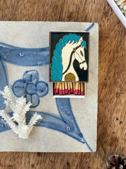 Vintage Brass & Enamel Horse Matchbox Cover (With Matches)