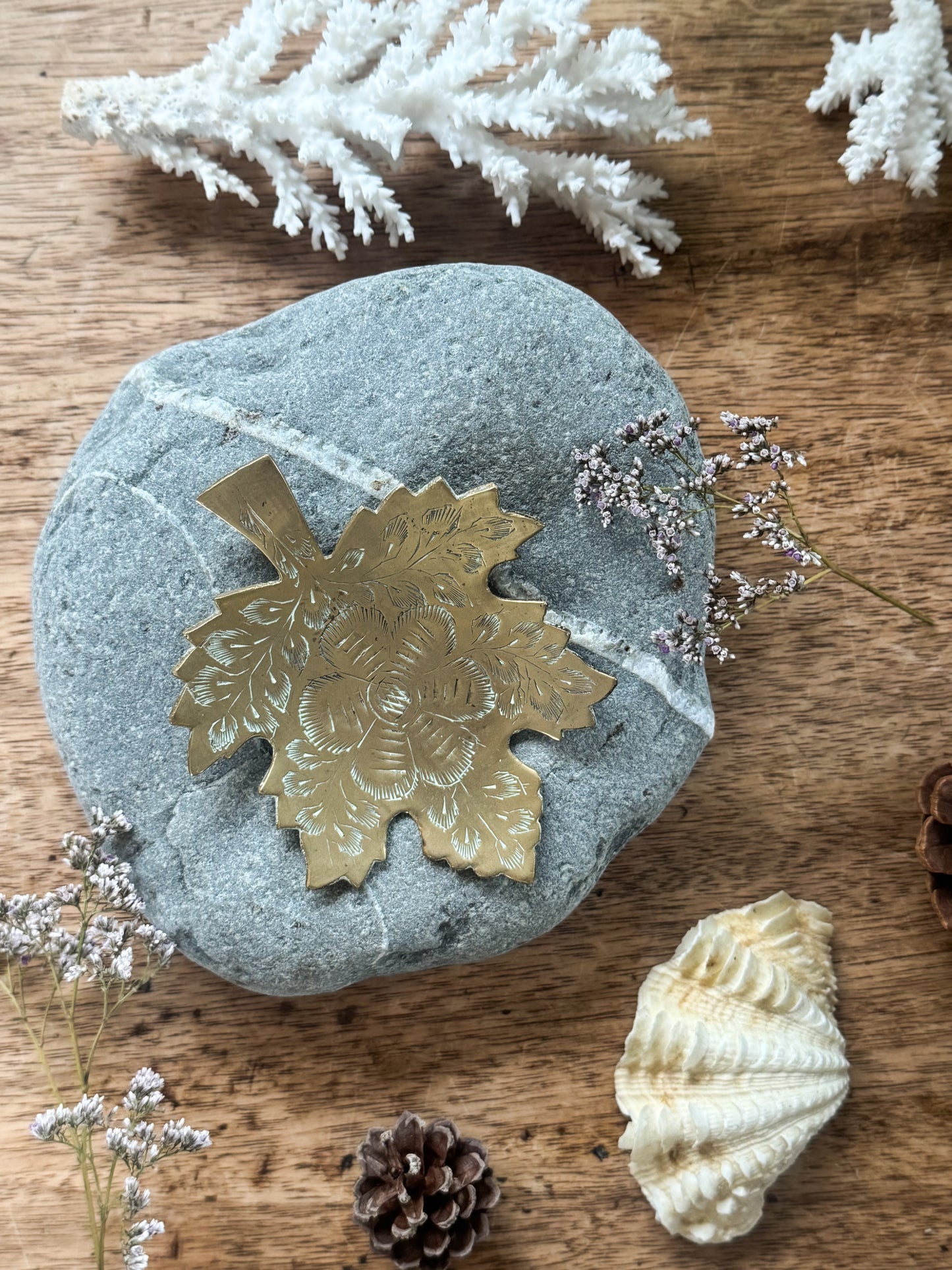 Vintage Solid Brass Leaf Dish with Floral Etching