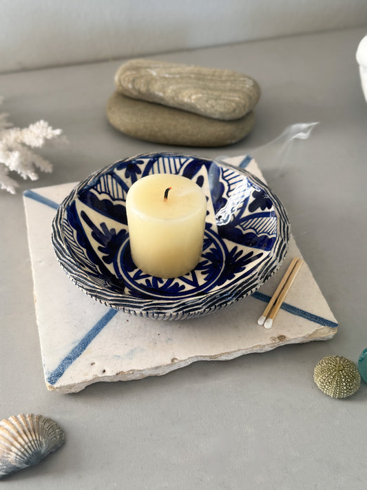 Vintage Blue & White Glazed Bowl Trinket with Lattice Detailing