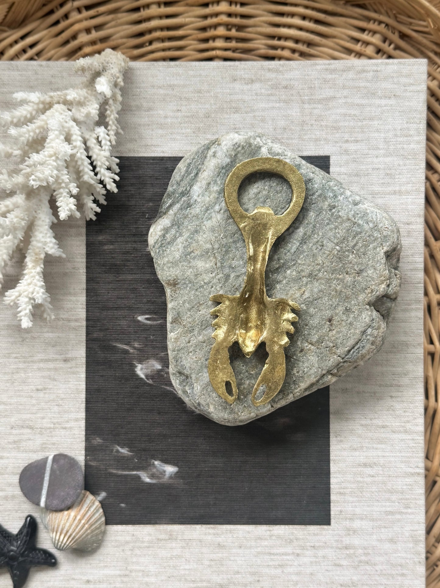 Vintage Midcentury Brass & Enamel Lobster Bottle Opener