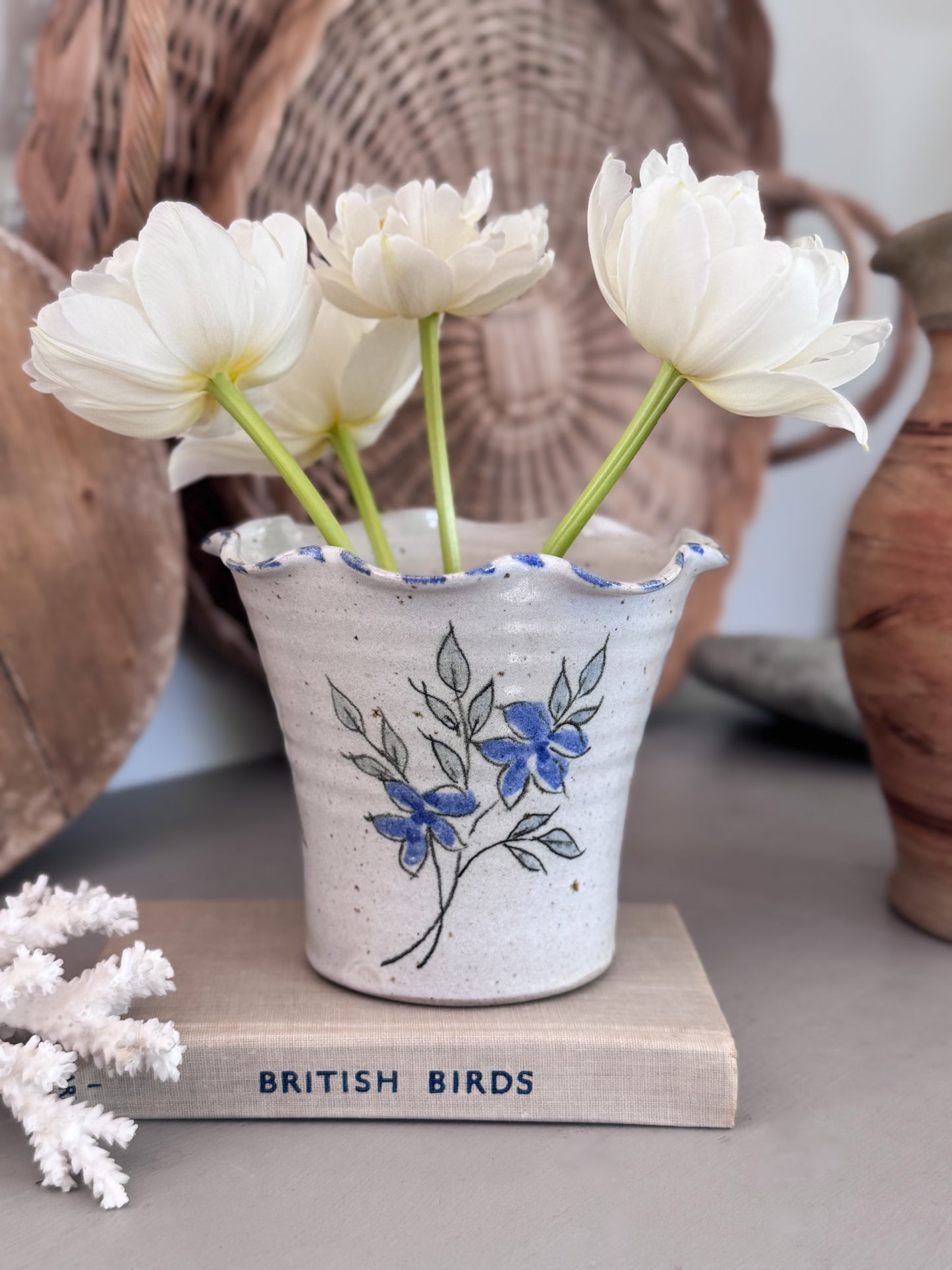 Vintage Studio Pottery Planter Pot with Hand-Painted Blue Florals & Scalloped Rim