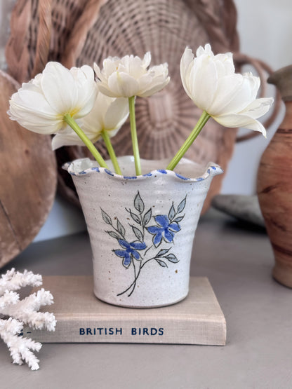 Vintage Studio Pottery Planter Pot with Hand-Painted Blue Florals & Scalloped Rim
