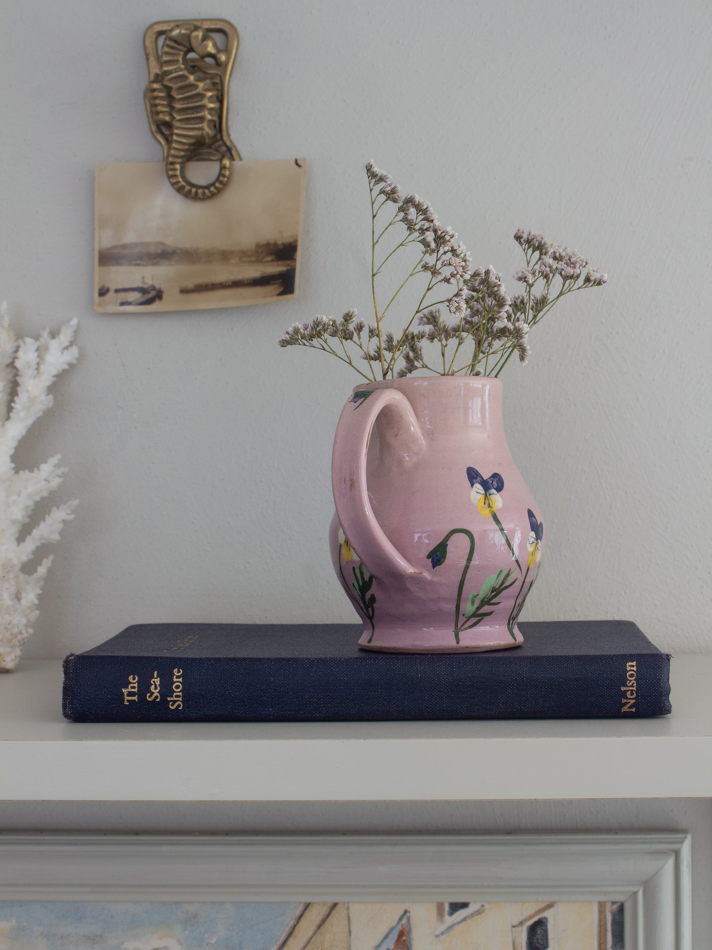 Vintage Hand-Painted Pansies Studio Pottery Jug, Signed ‘JS’