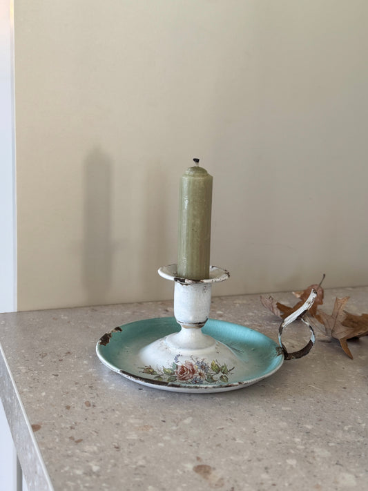 Vintage French Enamel Chamberstick - Two Tone Blue & White Floral