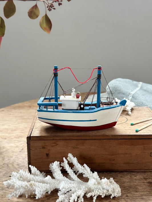 Vintage Handmade & Hand-Painted Wooden Fishing Boat