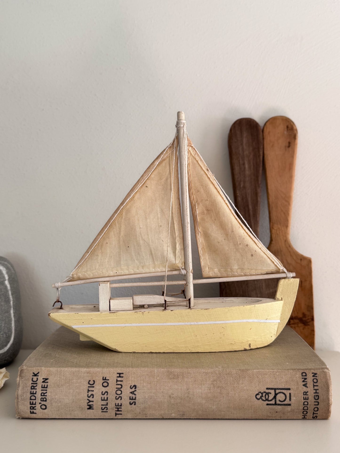 Vintage Handmade Butter Yellow Aged Model Sailing Boat