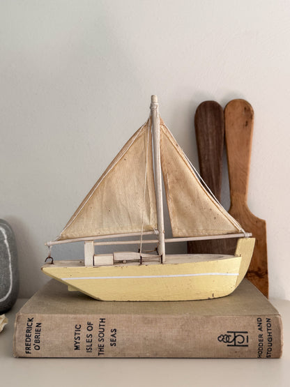 Vintage Handmade Butter Yellow Aged Model Sailing Boat