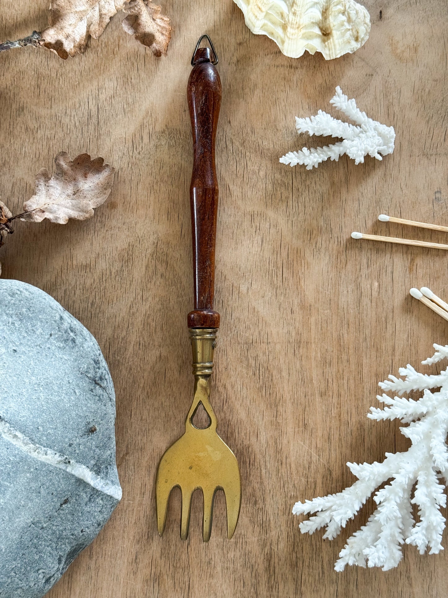 Antique Hand-Turned Wood & Brass Fork