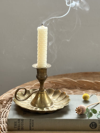 Vintage Tall Solid Brass Chamberstick with Scalloped Edge