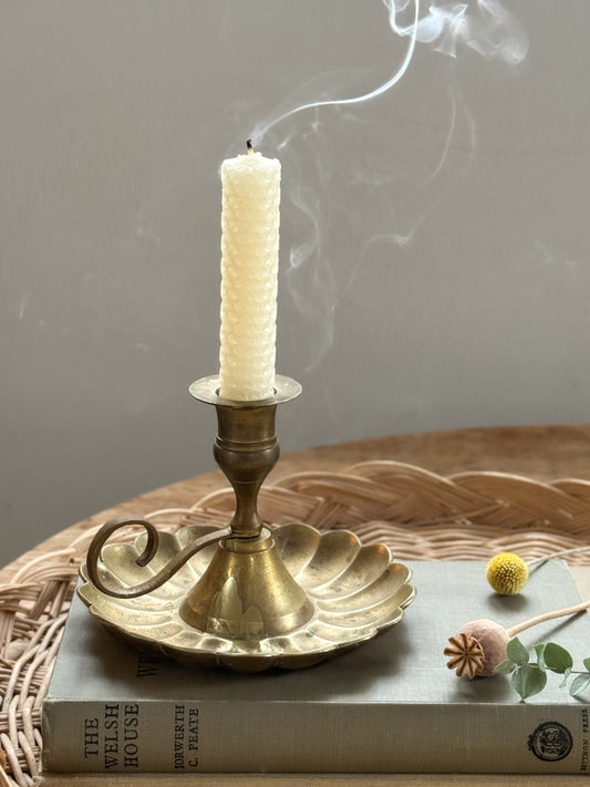 Vintage Tall Solid Brass Chamberstick with Scalloped Edge