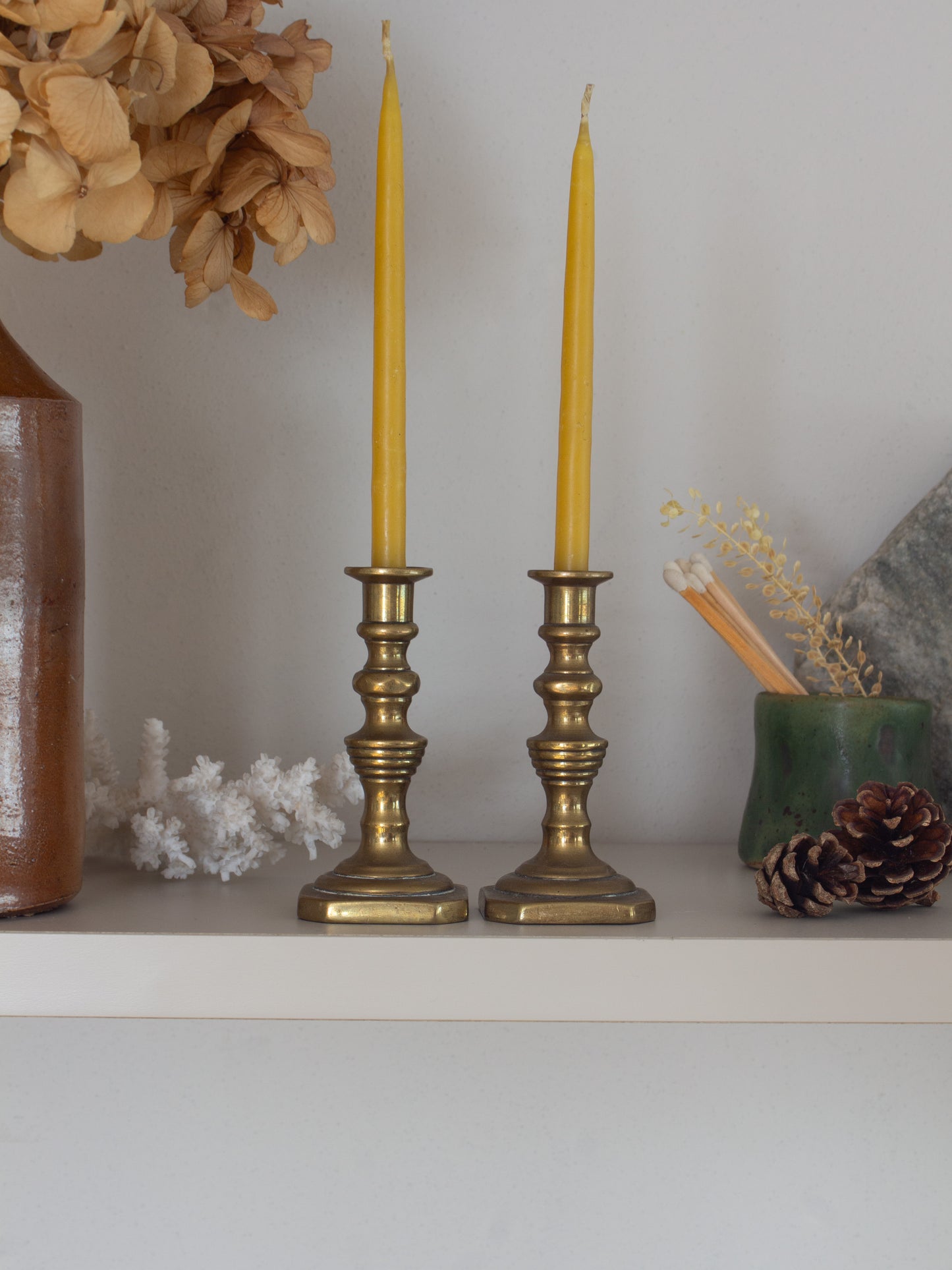 Antique Victorian Solid Brass Beehive Miniature Candlesticks (Pair)