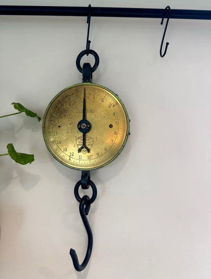 Vintage 1950s SALTER 235 Hanging Spring Balance Weighing Scale, 20lb Brass Face • Green Chippy Paint