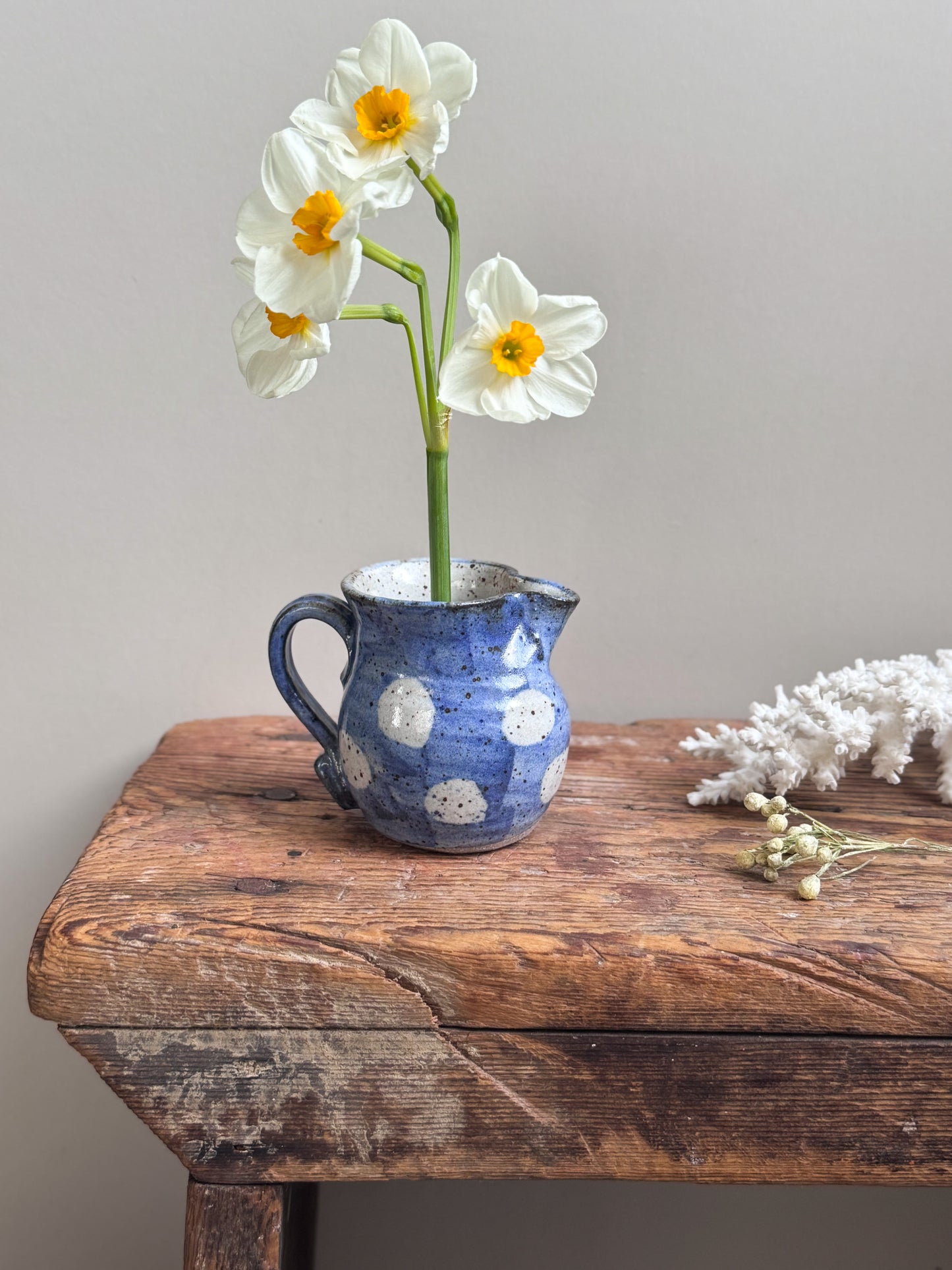 Vintage Blue Polka Dot Studio Pottery Miniature Creamer by Pauline Patterson, Black Mountain Pottery Wales