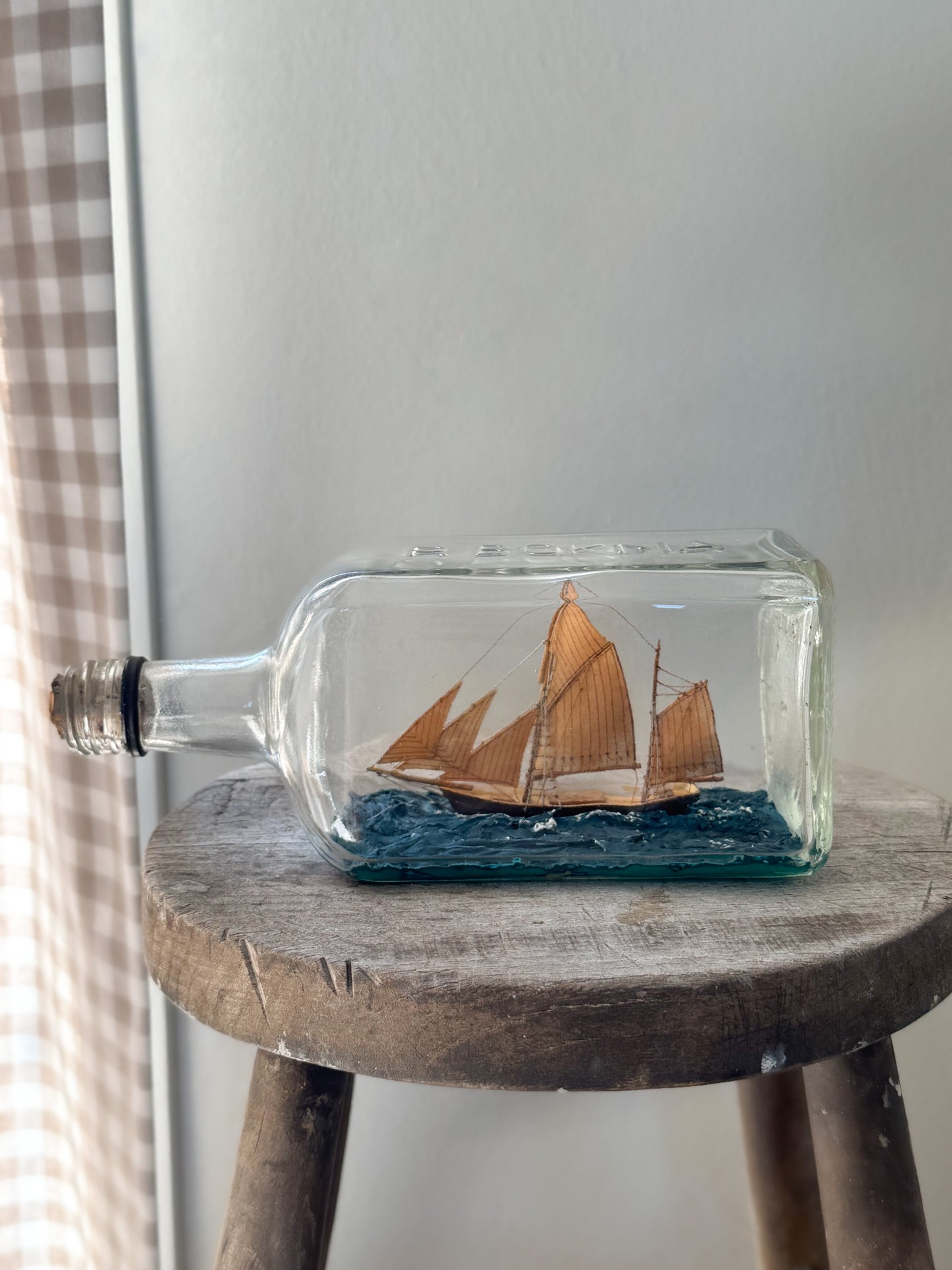 Vintage Folk Art Ship in a Bottle, P. Bokma, Leeuwarden, Holland
