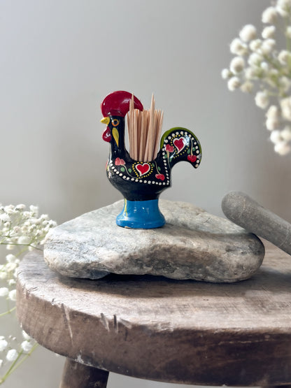 Vintage Enamel Portuguese Cockerel Pot • Match Pot, Cocktail Stick Holder