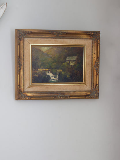 Vintage Original Framed Welsh Oil Painting of Cenarth Falls, Dyfed - Signed