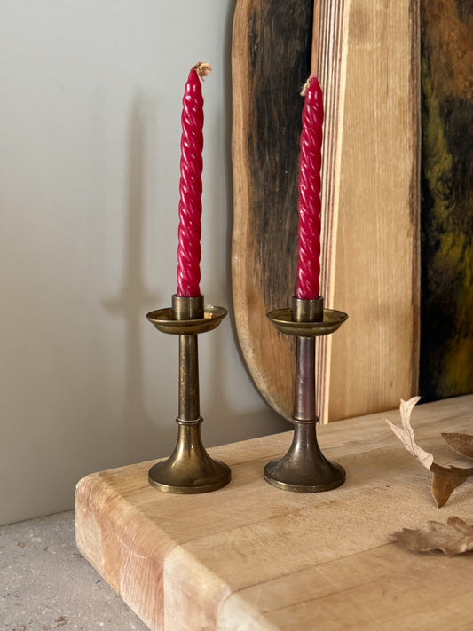Vintage Pair of Solid Brass Miniature Candlesticks with Drip Trays