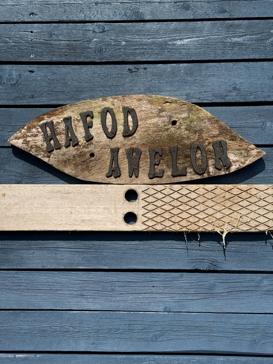 Vintage Welsh Wooden Sign - “Hafod Awelon” (Summer Breeze Cottage)