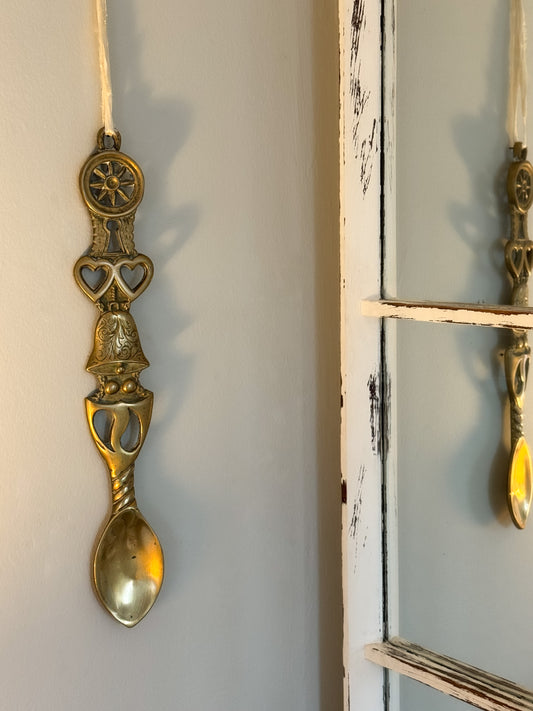 Large Vintage Solid Welsh Brass Love Spoon