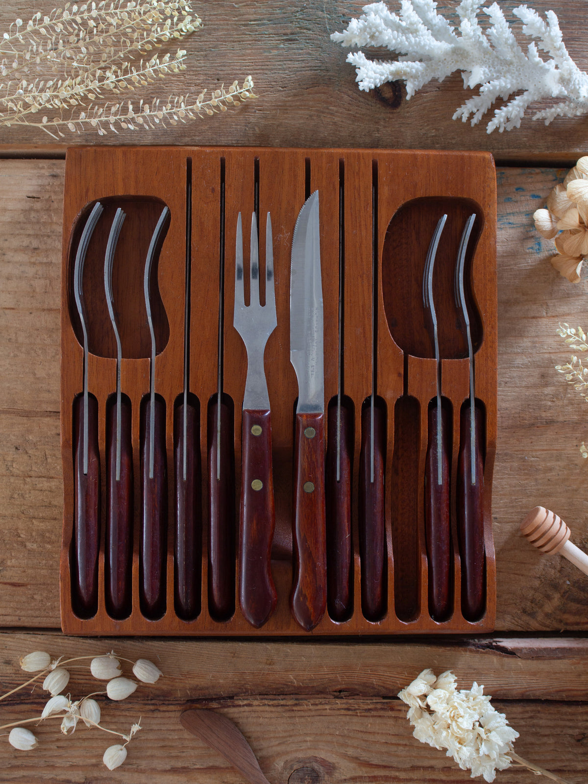 Vintage Midcentury Richards Sheffield Rosewood Steak Cutlery Set • Service for Six in Teak Box